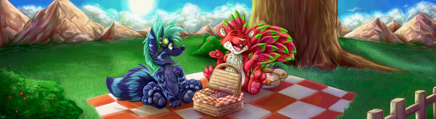 2017 alvin_(quikkdragon) amazing_background ambiguous_gender basket berry big_tail black_nose blue_fur blue_pawpads bush canine chibi chibity chipmunk cyan_hair detailed_background dragonfruit duo eyes_closed eyewear fence fendrax_(quikkdragon) fennec flora_fauna food fox fruit fur goggles green_eyes happy hi_res inner_ear_fluff mammal mountain nature nude open_mouth outside pawpads paws picnic picnic_basket pink_nose plant red_fur red_pawpads rodent semi-anthro sky teeth tree