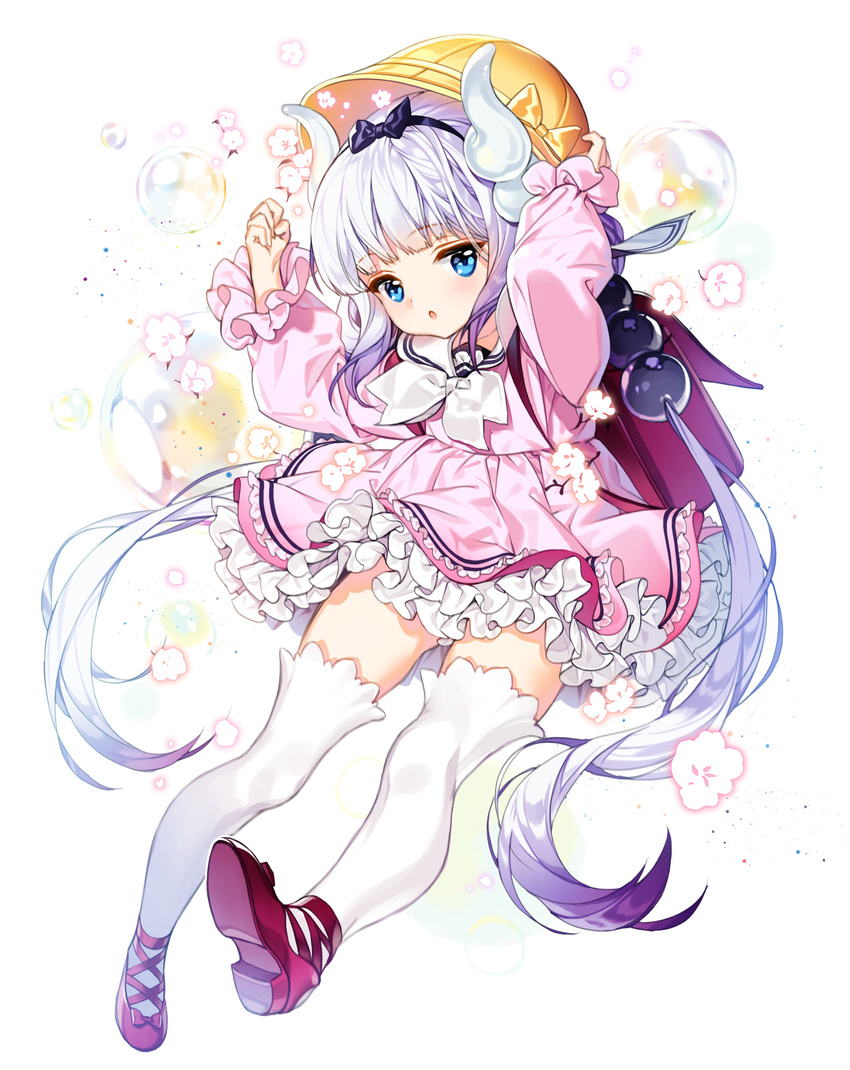 backpack bad_id bad_pixiv_id bag bangs beads black_hairband blue_eyes blunt_bangs bow cherrypin dragon_girl dragon_horns dress frilled_dress frills hair_beads hair_bow hair_ornament hairband hat highres horns kanna_kamui kobayashi-san_chi_no_maidragon long_hair long_sleeves looking_at_viewer pink_dress randoseru sailor_collar school_hat silver_hair simple_background solo thighhighs twintails white_background white_legwear zettai_ryouiki