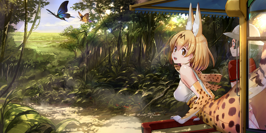 :d absurdres akasaai animal_ears arm_support black_hair blonde_hair breasts brown_eyes bug butterfly day dirt_road elbow_gloves from_behind gloves ground_vehicle hat highres insect kaban_(kemono_friends) kemono_friends leaning_forward lens_flare light_rays looking_at_viewer looking_back medium_breasts motor_vehicle multiple_girls nature open_mouth outdoors perky_breasts plant road safari serval_(kemono_friends) serval_ears serval_print serval_tail short_hair sleeveless smile sunbeam sunlight tail tree