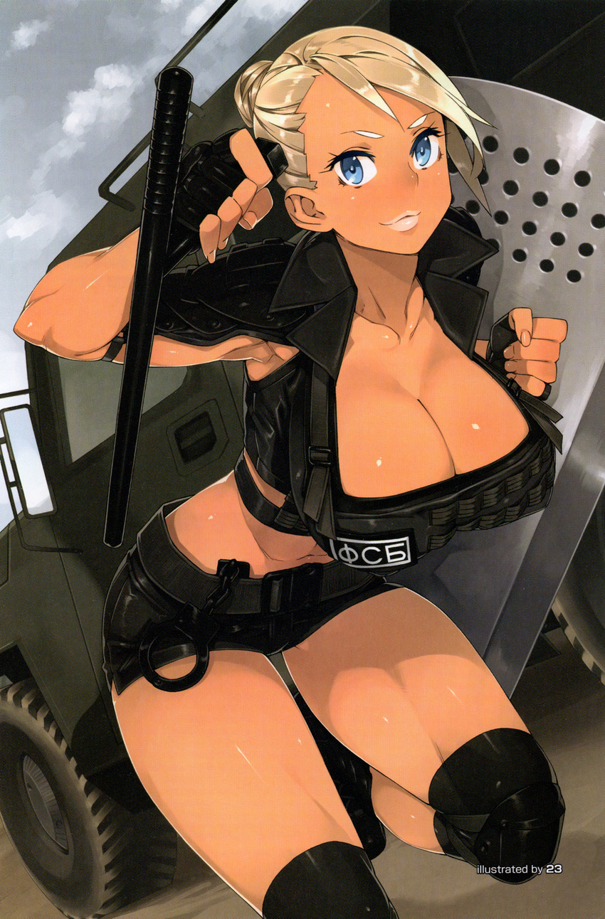 1girl 23_(real_xxiii) armpits baton blonde_hair blue_eyes breasts cleavage dark_skin handcuffs large_breasts short_shorts