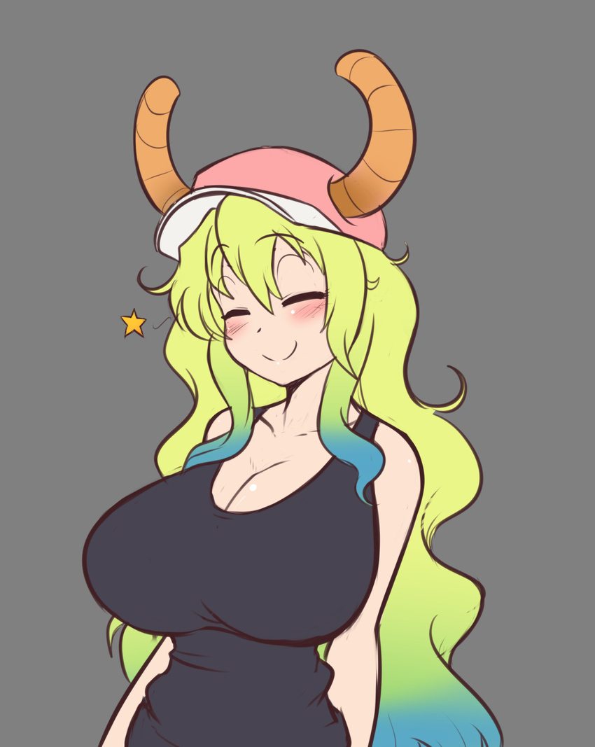 animal_humanoid big_breasts blonde_hair blush breasts cleavage clothed clothing dragon dragon_humanoid eyes_closed female grey_background hair hat horn huge_breasts humanoid lucoa miss_kobayashi's_dragon_maid quetzalcoatl scorpdk shirt simple_background smile solo tank_top