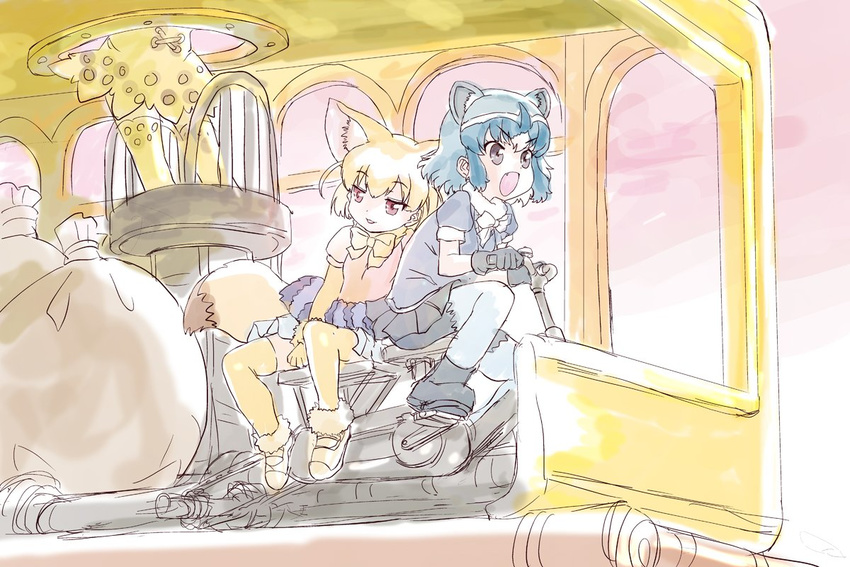animal_ears bow commentary_request common_raccoon_(kemono_friends) driving fennec_(kemono_friends) fox_ears fox_tail kemono_friends lovezawa multiple_girls open_mouth raccoon_ears raccoon_tail serval_(kemono_friends) short_sleeves skirt tail thighhighs