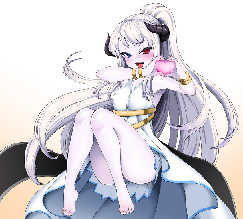 ass bangs bare_shoulders barefoot blue_eyes blush bracelet dress dungeon_and_fighter full_body gradient gradient_background heart heart_hands heterochromia highres horns jewelry legs long_hair looking_at_viewer mage_(dungeon_and_fighter) open_mouth original ponytail red_eyes sitting smh1069 tongue tongue_out very_long_hair white_hair