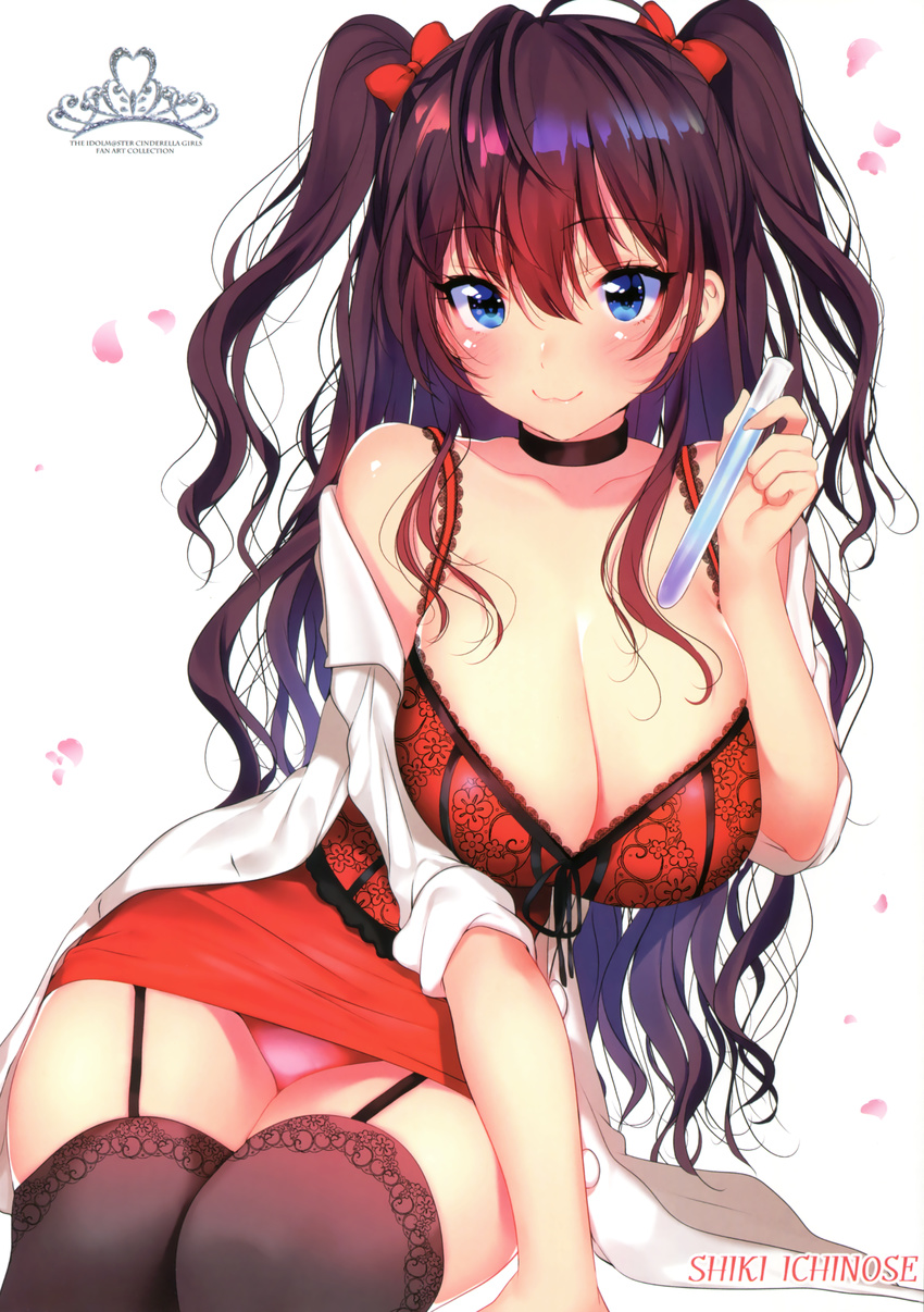 :3 absurdres ahoge arm_support bangs bare_shoulders black_legwear blue_eyes bow breasts brown_hair character_name cleavage collarbone dress eyebrows_visible_through_hair floral_print garter_straps hair_between_eyes hair_bow highres holding ichinose_shiki idolmaster idolmaster_cinderella_girls lace lace-trimmed_dress large_breasts leaning_to_the_side long_hair long_sleeves looking_at_viewer matarou_(genkai_toppa) multiple_views off_shoulder open_clothes open_shirt panties pantyshot pantyshot_(sitting) pink_panties print_dress red_bow red_dress scan shirt sitting sleeveless sleeveless_dress sleeves_past_elbows sleeves_pushed_up test_tube thighhighs two_side_up underwear very_long_hair wavy_hair white_shirt