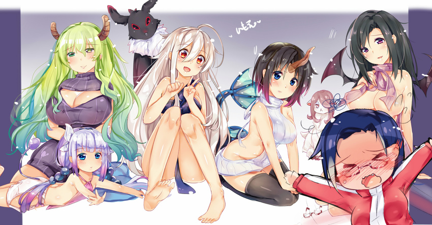 bat_wings black_hair blue_eyes blush breasts character_request chiya_(urara_meirochou) cleavage commentary commentary_request copyright_request demi-chan_wa_kataritai elma_(maidragon) glasses green_hair groin heterochromia highres horns imoe_(1017933989) jumpsuit kanna_kamui kobayashi-san_chi_no_maidragon kurou_(urara_meirochou) large_breasts little_witch_academia meme_attire multiple_girls navel no_bra no_panties purple_eyes quetzalcoatl_(maidragon) red_eyes satou_sakie season_connection smile sucy_manbavaran tail thighhighs urara_meirochou v virgin_killer_outfit virgin_killer_sweater white_hair wings