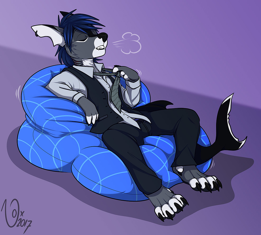 anthro bean_bag breath canine clothed clothing fish fur hair hybrid male mammal marine necktie nox_(artist) shark solo