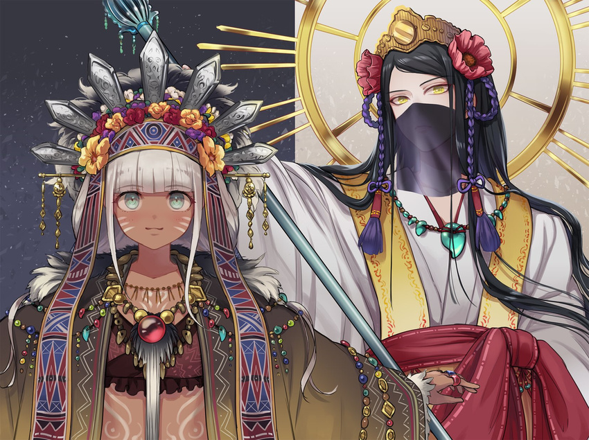 1girl alternate_costume aqua_eyes aro_ro22dr black_hair blush closed_mouth danganronpa dark_skin facial_mark feathers flower gold_trim hair_flower hair_ornament headdress highres japanese_clothes jewelry long_hair long_sleeves looking_at_viewer magatama mask native_american_headdress necklace new_danganronpa_v3 open_clothes orange_flower purple_flower red_flower see-through see-through_silhouette shinguuji_korekiyo smile staff tattoo white_hair yellow_eyes yonaga_angie