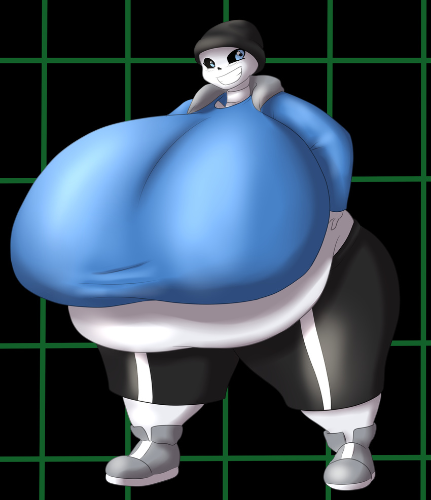 2017 anthro big_breasts bone boss_monster breasts clothed clothing crossgender digital_media_(artwork) female huge_breasts hyper hyper_breasts looking_at_viewer marauder6272 morbidly_obese obese overweight sans_(undertale) simple_background skeleton smile solo ssbbw undertale video_games