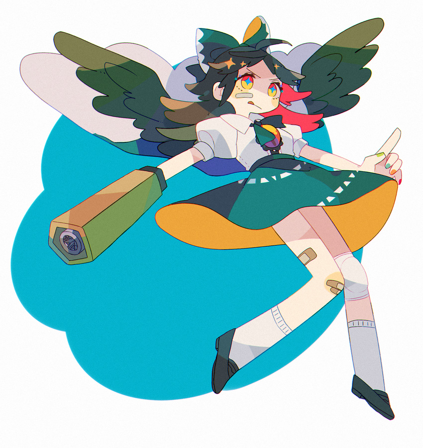 1girl artist_request bandaid bandaid_on_knee bandaid_on_leg black_hair black_wings bow cape hair_bow hair_ornament handcannon highres knee_brace long_hair puffy_short_sleeves puffy_sleeves reiuji_utsuho short_sleeves simple_background skirt socks solo touhou wings