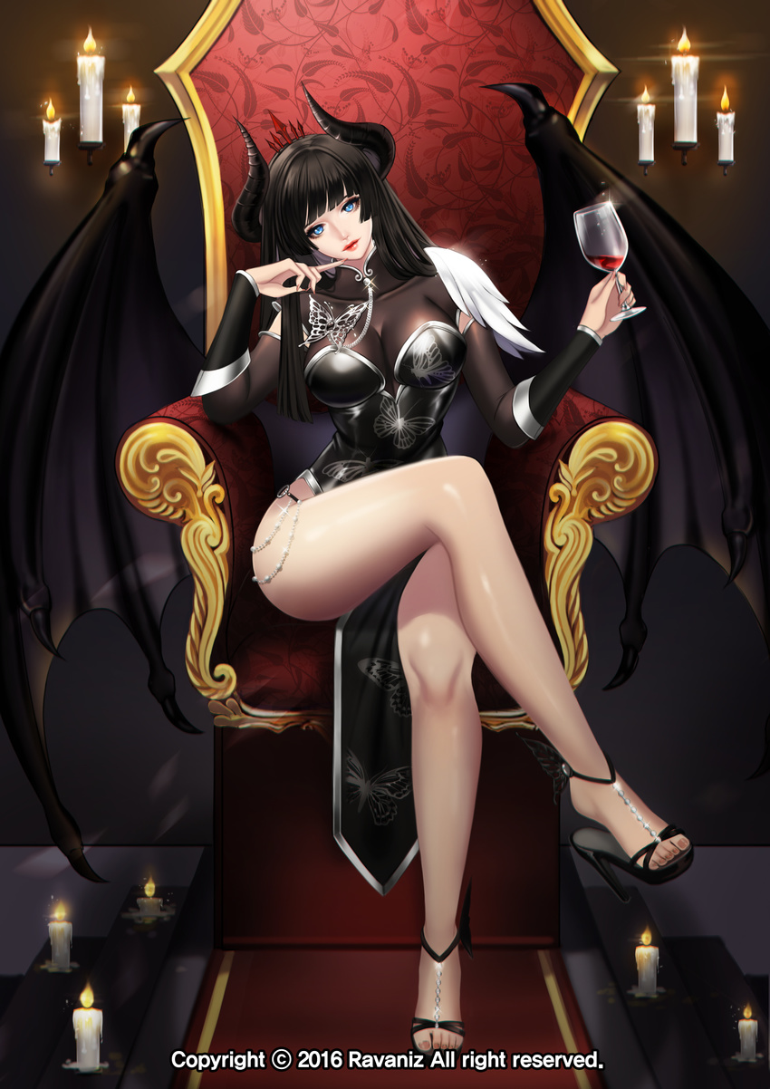 absurdres bangs beads black_hair blue_eyes blunt_bangs breasts candle cleavage cup demon_girl demon_horns demon_wings detached_sleeves drinking_glass feet finger_to_mouth full_body head_tilt high_heels highres hime_cut horns jewelry large_breasts legs lips looking_at_viewer mabinogi mabinogi_heroes nail_polish open_toe_shoes panties pelvic_curtain ravaniz sandals shoes standing throne toes underwear wine_glass wings