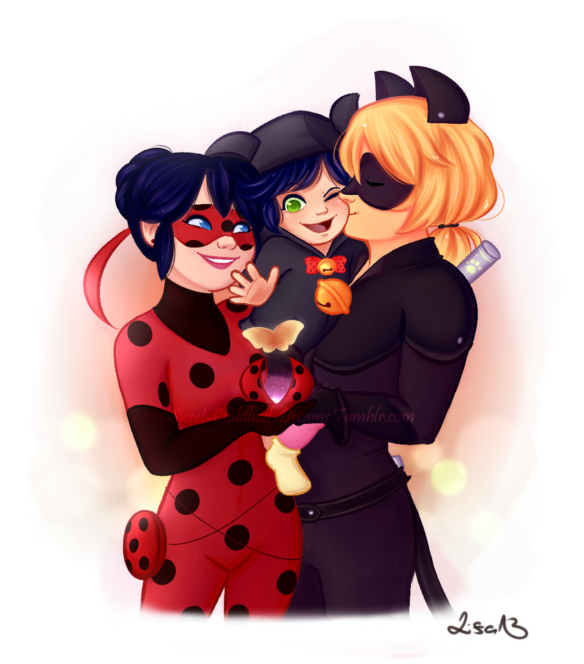 animal_ears bell black_bodysuit black_hair blonde_hair blue_eyes bodysuit bug butterfly carrying cat_ears cat_tail chat_noir cheek_kiss closed_eyes domino_mask fake_animal_ears fake_tail family green_eyes hair_bun highres hood if_they_mated insect jingle_bell kiss ladybug_(character) marinette_dupain-cheng mask miraculous_ladybug older one_eye_closed polka_dot red_bodysuit sweet-childhood-dreams tail watermark web_address