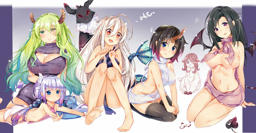 bat_wings black_hair blue_eyes blush breasts cat character_request chiya_(urara_meirochou) cleavage commentary commentary_request copyright_request demi-chan_wa_kataritai elma_(maidragon) glasses green_hair groin heterochromia highres horns imoe_(1017933989) kanna_kamui kobayashi-san_chi_no_maidragon kurou_(urara_meirochou) large_breasts little_witch_academia meme_attire multiple_girls navel no_bra no_panties purple_eyes quetzalcoatl_(maidragon) red_eyes satou_sakie season_connection smile sucy_manbavaran tail thighhighs urara_meirochou v virgin_killer_outfit virgin_killer_sweater white_hair wings