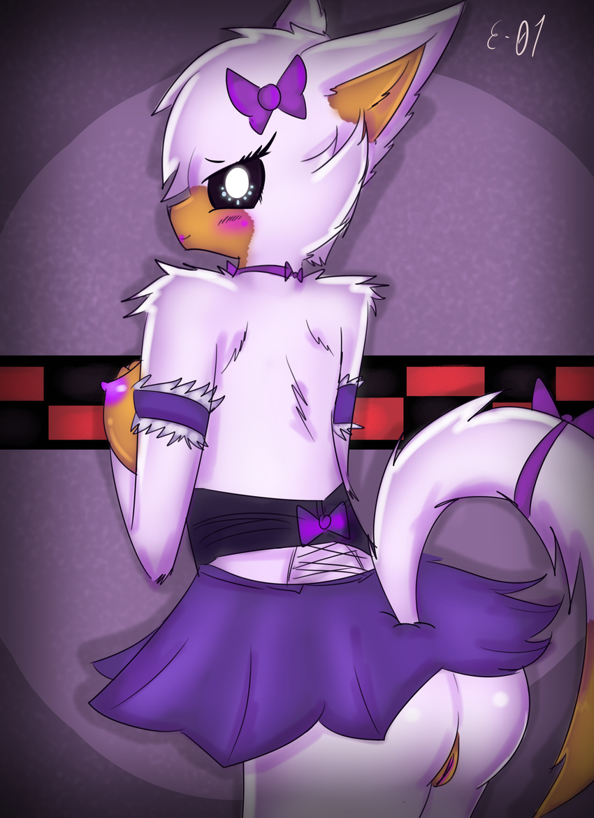 2017 animatronic anthro areola big_butt black_nose blush bow_tie breasts butt canine clothing digital_media_(artwork) e-01 female five_nights_at_freddy's five_nights_at_freddy's_world fox fur glowing glowing_eyes hair lolbit_(fnaf) looking_at_viewer machine mammal mostly_nude multicolored_fur nipples nude orange_fur purple_nipples purple_pussy pussy ribbons robot simple_background smile standing tail_bow tail_ribbon video_games white_eyes white_fur