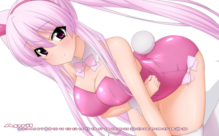 all_fours animal_ears april bow bowtie breasts bunny_ears bunny_tail bunnysuit calendar_(medium) cleavage detached_collar dutch_angle highres large_breasts leotard long_hair original pink_bow pink_hair pink_leotard pink_neckwear purple_eyes simple_background solo strapless strapless_leotard sugimura_tomokazu tail thighhighs twintails white_background white_legwear wrist_cuffs