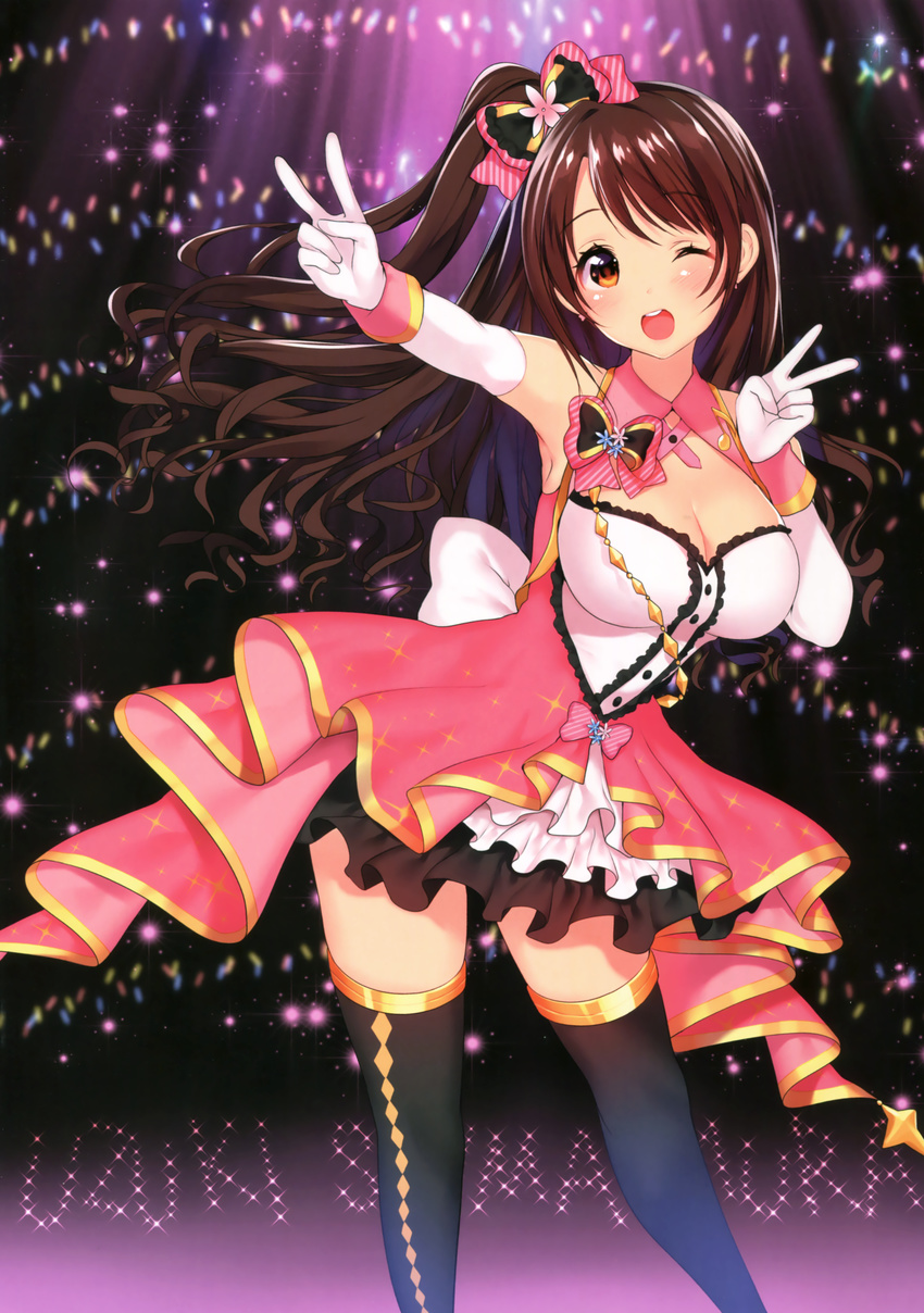 ;d absurdres bangs bare_shoulders black_legwear blush bow breasts brown_eyes brown_hair buttons character_name cleavage contrapposto double_v dress earrings elbow_gloves eyebrows_visible_through_hair eyelashes frilled_dress frilled_skirt frills gloves hair_bow hands_up highres idolmaster idolmaster_cinderella_girls jewelry large_breasts legs_apart long_hair looking_at_viewer matarou_(genkai_toppa) medium_breasts one_eye_closed one_side_up open_mouth pink_bow round_teeth scan shimamura_uzuki showgirl_skirt skirt sleeveless sleeveless_dress smile solo sparkle stage_of_magic standing striped striped_bow teeth thighhighs upper_teeth v white_gloves