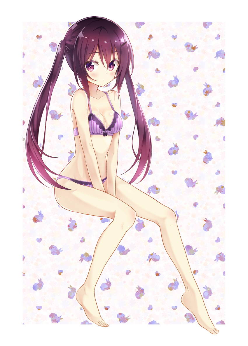 :/ absurdres barefoot between_legs blush bow bow_bra bra breasts bunny_background cleavage closed_mouth collarbone eyebrows_visible_through_hair from_side full_body gochuumon_wa_usagi_desu_ka? hair_between_eyes hair_ornament hairclip hand_between_legs highres long_hair looking_at_viewer medium_breasts nanakusa_amane navel panties purple_bra purple_eyes purple_hair purple_panties sitting solo striped striped_bra striped_panties tedeza_rize twintails underwear underwear_only vertical-striped_bra vertical-striped_panties vertical_stripes very_long_hair