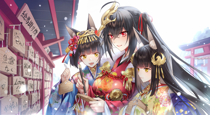 3girls :d ahoge animal_ear_fluff animal_ears azur_lane bangs black_hair blue_kimono blunt_bangs blush breasts calligraphy_brush character_request commentary_request crossed_bangs english_text eyebrows_visible_through_hair fang fingernails floral_print fox_ears from_side hair_between_eyes hair_ornament hair_ribbon hatsumoude headpiece height_difference holding japanese_clothes jewelry kangetsu_(fhalei) kimono large_breasts long_hair long_sleeves multiple_girls nagato_(kantai_collection) necklace new_year one_side_up open_mouth paintbrush parted_lips red_eyes red_kimono red_ribbon ribbon short_hair sleeves_past_wrists smile snowing taihou_(kantai_collection) torii translation_request wide_sleeves writing yellow_eyes yellow_kimono