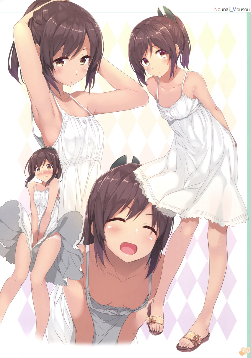 :d ^_^ absurdres armpits arms_behind_back arms_behind_head arms_up bare_legs bare_shoulders blush breasts brown_eyes brown_hair casual closed_eyes collarbone covering covering_crotch downblouse dress dress_tug eyebrows_visible_through_hair gintarou_(kurousagi108) highres i-401_(kantai_collection) kantai_collection leaning_forward long_hair looking_at_viewer multiple_views no_bra no_panties nose_blush open_mouth ponytail sandals scan short_ponytail small_breasts smile sundress tan tanline white_dress wind wind_lift