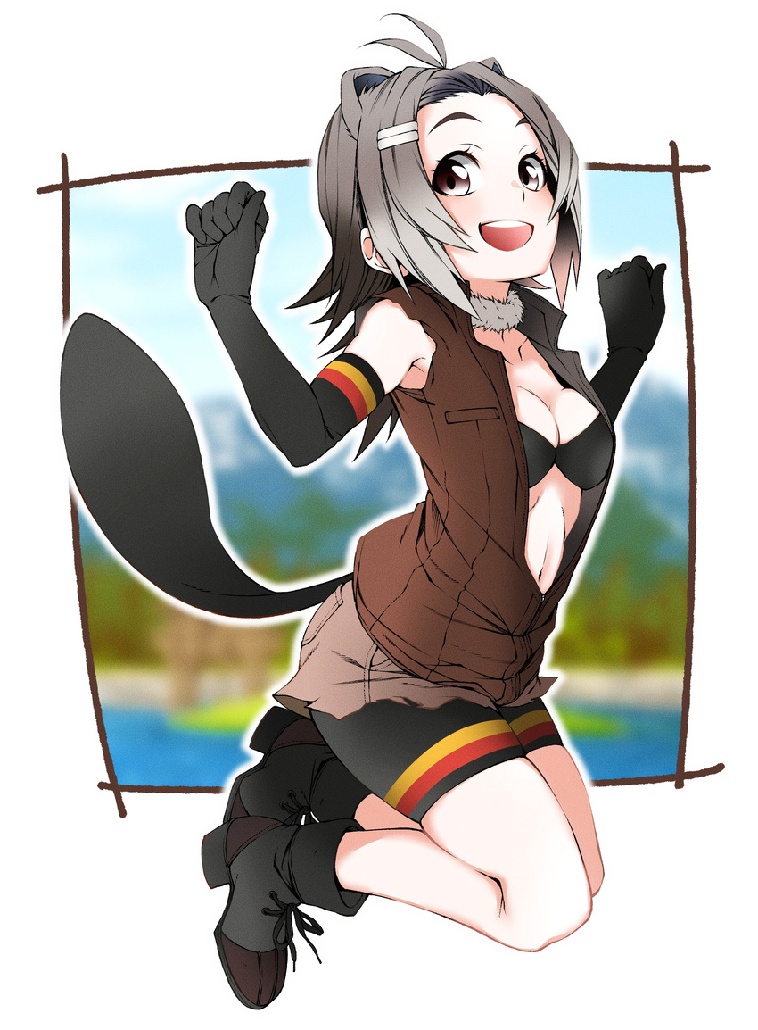 :d absurdres american_beaver_(kemono_friends) animal_ears antenna_hair arms_up beaver_ears beaver_tail bike_shorts bikini_top black_bra blush boots bra breasts cleavage collarbone elbow_gloves full_body fur_collar gloves gradient grey_hair hair_ornament hairclip highres jacket jumping kemono_friends looking_at_viewer medium_breasts medium_hair multicolored_hair navel open_clothes open_jacket open_mouth shorts simple_background sleeveless smile solo tail teeth torn_clothes two-tone_hair underwear unzipped vice_(kuronekohadokoheiku) white_background