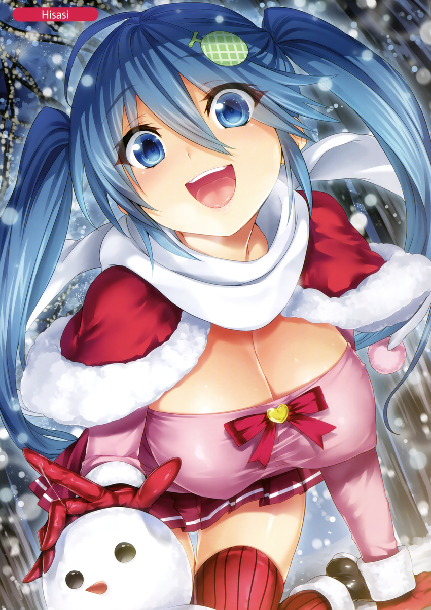 :d absurdres ahoge arm_at_side bangs blue_eyes blue_hair bow bowtie breasts brown_footwear capelet cleavage eyebrows_visible_through_hair eyes_visible_through_hair food_themed_hair_ornament fur-trimmed_capelet fur_trim gloves hair_between_eyes hair_ornament hairclip highres hisasi large_breasts long_hair long_sleeves looking_at_viewer melon_hair_ornament melonbooks open_mouth outdoors pleated_skirt pom_pom_(clothes) red_bow red_gloves red_legwear red_neckwear red_skirt round_teeth scan scarf shoes skirt smile snow snowing snowman solo teeth thigh_gap thighhighs tongue tree twintails upper_teeth white_scarf