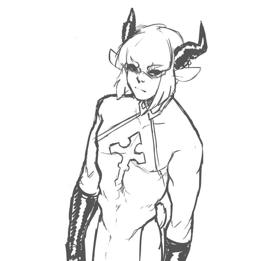 animal_humanoid caprine clothed clothing goat_humanoid hair horn humanoid looking_at_viewer male mammal monochrome nox_(artist) sketch solo standing