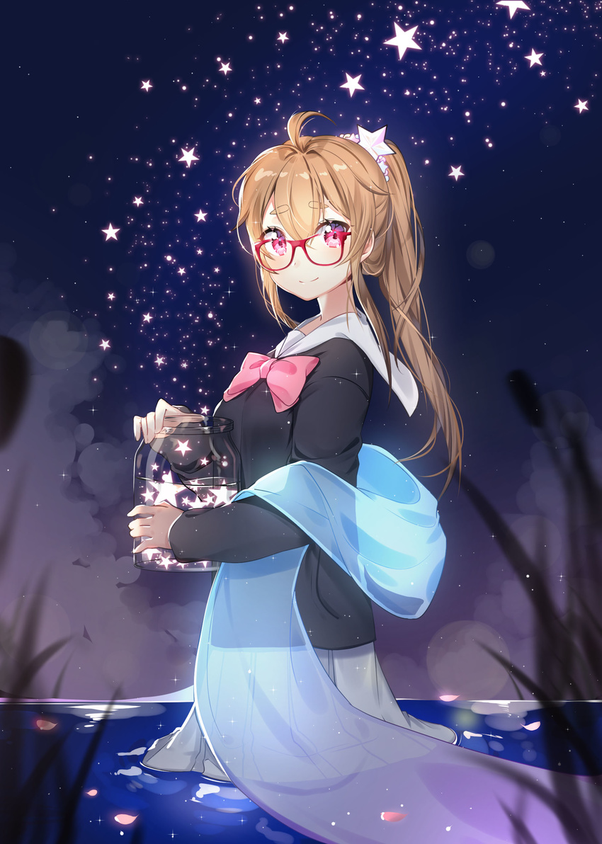 absurdres ahoge bad_id bad_pixiv_id black_shirt blurry blush bokeh bow cattail depth_of_field eyebrows_visible_through_hair fog from_side glasses grass grey_skirt hair_between_eyes hair_ornament hair_tie heart heart_in_eye highres holding jar light_brown_hair long_hair long_sleeves looking_at_viewer moong_gya night night_sky original outdoors petals petals_on_liquid pink_bow pink_eyes plant pleated_skirt ponytail red-framed_eyewear sailor_collar shawl shirt short_eyebrows skirt sky smile solo sparkle standing star star_(sky) star_hair_ornament symbol_in_eye wading