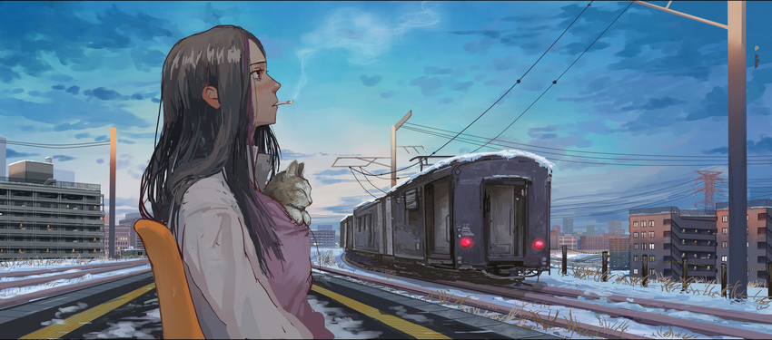 absurdres animal animal_in_clothes bad_id bad_pixiv_id black_hair blue_sky brown_eyes building cat chair cigarette city cloud emanon_(character) eyelashes from_side ground_vehicle highres long_hair long_sleeves looking_afar looking_up memories_of_emanon mouth_hold outdoors popped_collar power_lines profile railroad_tracks scenery sitting sketch sky smoke smoking snow solo sunrise tactile_paving tomiya_(tomiya2117) train train_station train_station_platform upper_body winter