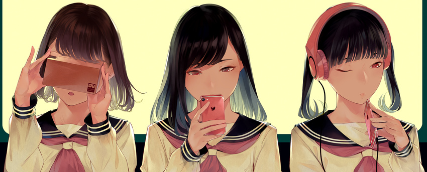 apple_inc. bangs black_hair blunt_bangs brown_hair cellphone check_commentary commentary_request expressionless google_cardboard headphones heart highres holding holding_phone long_hair long_sleeves multiple_girls neckerchief one_eye_closed open_mouth original phone red_eyes red_neckwear revision school_uniform serafuku short_hair smartphone sousou_(sousouworks) three_monkeys twintails twitter