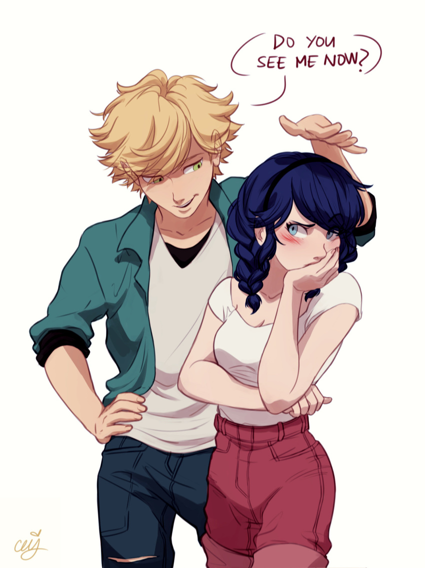 1boy 1girl adrien_agreste alternate_hairstyle blonde_hair blue_eyes blue_hair blush braid breasts ceejles cleavage ears_visible_through_hair english green_eyes hand_on_hip hand_on_own_chin highres marinette_dupain-cheng medium_breasts miraculous_ladybug pants pants_rolled_up signature torn_clothes torn_pants twin_braids