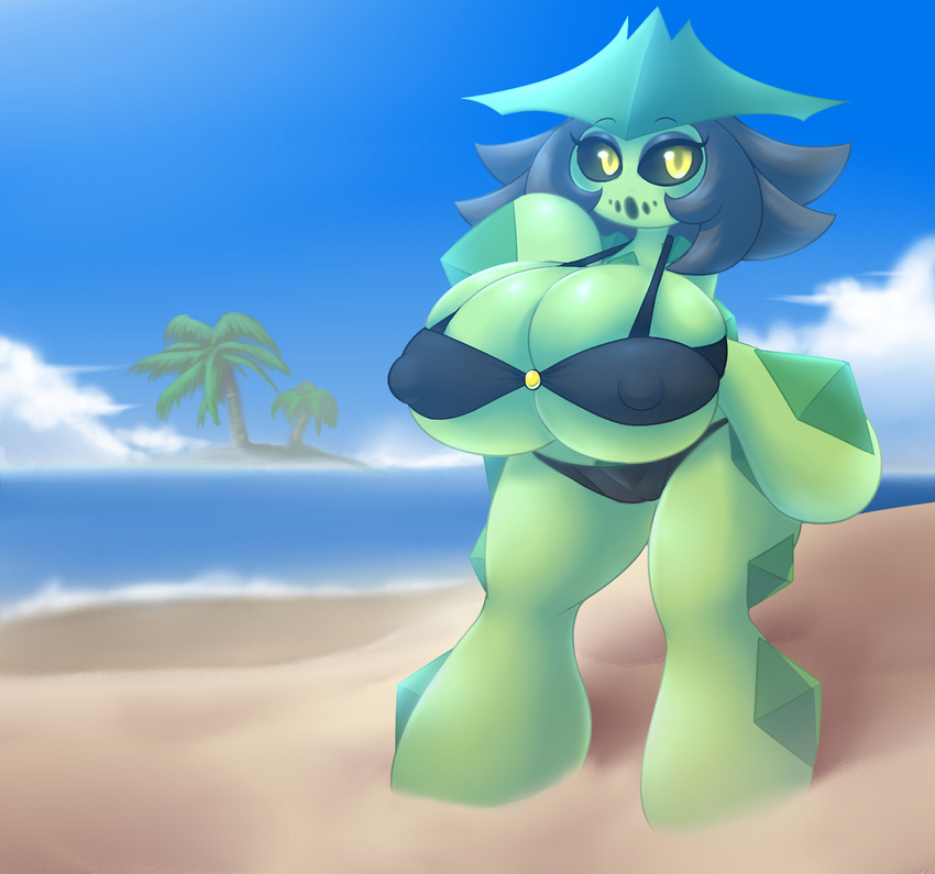 beach big_breasts bikini black_hair black_sclera breast_expansion breasts cacturne clothing elfdrago eyelashes flora_fauna hair huge_breasts hyper hyper_breasts nintendo nipple_bulge nora plant pok&eacute;mon pok&eacute;morph seaside smile solo swimsuit video_games water yellow_eyes