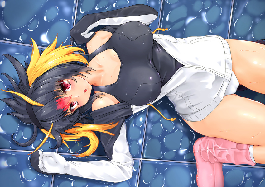 :o antenna_hair bangs black_hair blonde_hair blush boots breasts collarbone commentary_request covered_nipples headphones hood hood_down hoodie kemono_friends large_breasts long_hair looking_at_viewer lying multicolored_hair no_pants nokishita_kumoemon on_back panties pink_footwear red_eyes red_hair rockhopper_penguin_(kemono_friends) solo undershirt underwear wet_floor white_panties