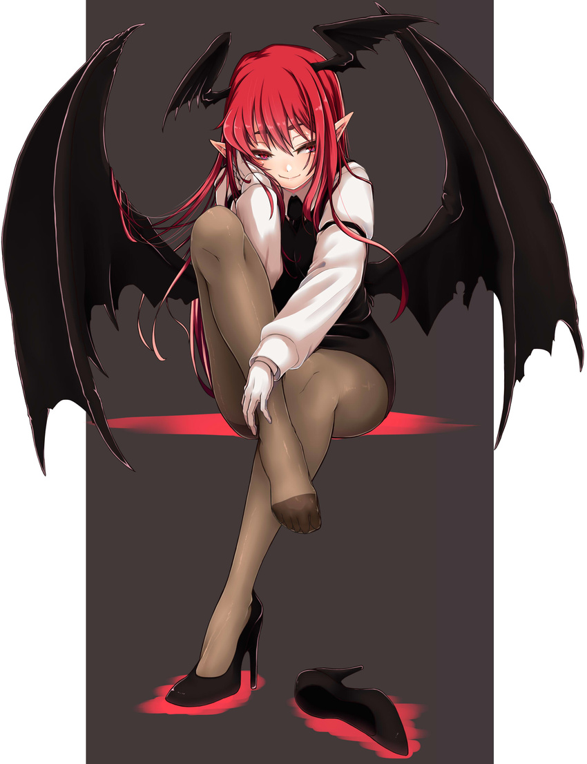 absurdres arm_support bangs bat_wings black_dress black_footwear black_legwear black_neckwear black_skirt blush bowed_wings collared_shirt demon_girl dress gloves grey_background haiiro_gundan hand_on_own_cheek head_wings high_heels highres invisible_chair koakuma large_wings leg_up long_hair long_sleeves looking_at_viewer low_wings miniskirt necktie pantyhose pointy_ears red_eyes red_hair shirt shoe_removed shoes simple_background single_shoe sitting skirt skirt_set solo succubus thick_eyebrows toes touhou very_long_hair vest white_gloves white_shirt wing_collar wings