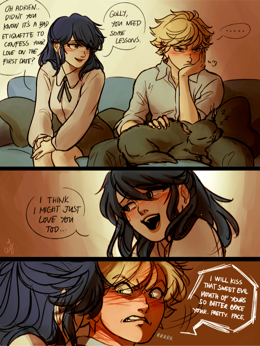 1boy 1girl adrien_agreste blonde_hair blue_hair blush cat ceejles clenched_teeth english frown full-face_blush green_eyes highres marinette_dupain-cheng miraculous_ladybug motion_lines open_mouth signature sitting skirt smile spoken_ellipsis teeth zzz