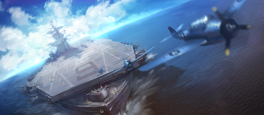 aircraft_carrier airplane bad_proportions day dutch_angle f6f_hellcat flying highres horizon military military_vehicle miorine motion_blur ocean original outdoors people ship tbf_avenger us_navy uss_enterprise_(cv-6) warship watercraft