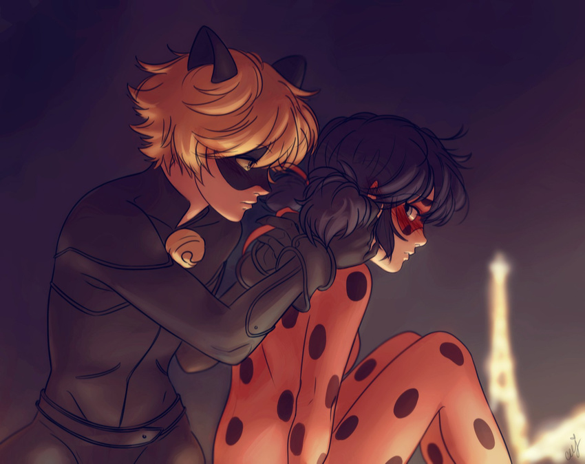 1girl adrien_agreste animal_ears bell black_hair blonde_hair blue_eyes blurry blush bodysuit cat_ears ceejles chat_noir depth_of_field domino_mask eiffel_tower fake_animal_ears green_eyes highres jingle_bell ladybug_(character) marinette_dupain-cheng mask miraculous_ladybug night night_sky polka_dot signature sky twintails tying_hair