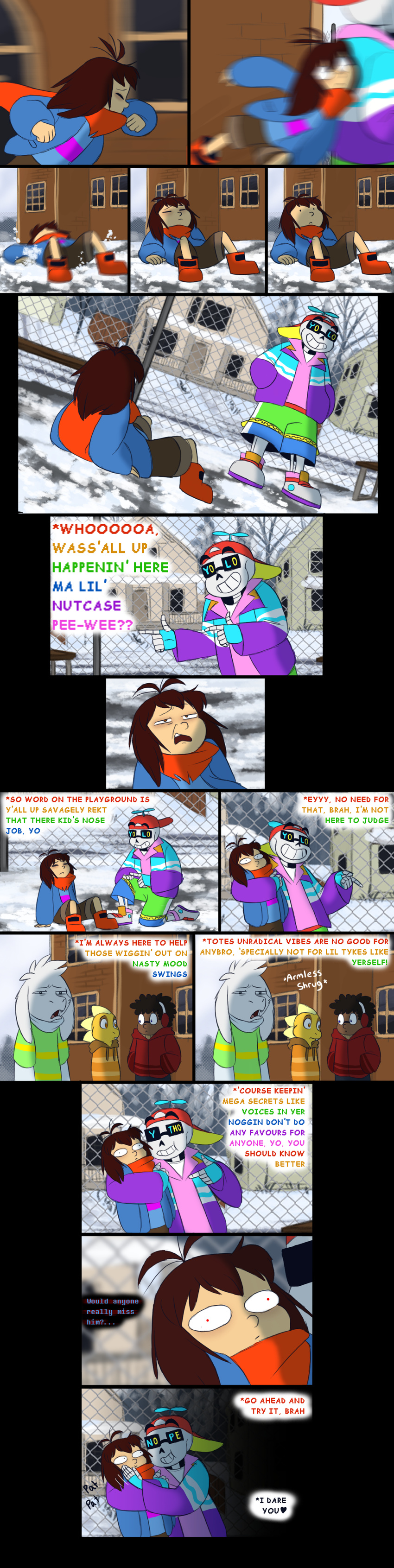 animated_skeleton april_fools asriel_dreemurr bone boss_monster caprine child coloured_text comic dialogue english_text goat hat human lizard mammal monster_kid outside protagonist_(undertale) reptile sans_(undertale) scalie scarf skeleton snow stripes tc-96 text undead undertale video_games young