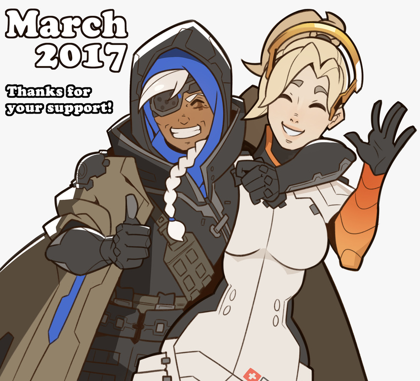 ana_(overwatch) blonde_hair closed_eyes commentary dark_skin english eyepatch facial_tattoo high_ponytail highres hood looking_at_viewer mechanical_halo mechanical_wings mercy_(overwatch) multiple_girls overwatch smile splashbrush spread_wings tattoo wings yellow_wings