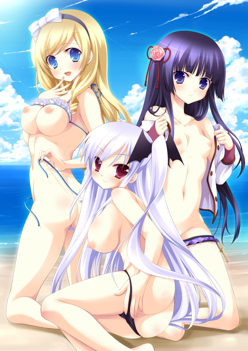 akechi_hikari areolae ass bangs bare_shoulders beach bikini bikini_pull black_hairband blonde_hair blue_eyes blue_sky blush breasts buttons cloud cloudy_sky collarbone day eyebrows_visible_through_hair flower frilled_bikini frills from_side groin hair_flower hair_ornament hair_ribbon hairband hand_to_own_mouth highres hyper_highspeed_genius kneeling large_breasts long_hair long_sleeves looking_at_viewer lying miyasu_risa multiple_girls nipples ocean off_shoulder on_side open_clothes open_mouth open_shirt outdoors pink_flower purple_eyes purple_hair red_eyes red_ribbon ribbon sakura_windsor shiguresato_himeno shirt side_ponytail sky small_breasts smile stomach swept_bangs swimsuit undressing untied untied_bikini water white_hair windmill_(company) yukiwo