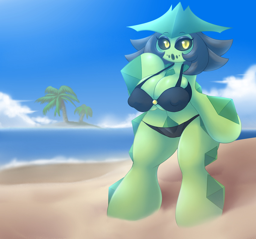 beach big_breasts bikini black_hair black_sclera breasts cacturne cleavage clothed clothing elfdrago eyelashes flora_fauna hair huge_breasts nintendo nipple_bulge nora plant pok&eacute;mon pok&eacute;morph seaside smile solo swimsuit video_games water yellow_eyes