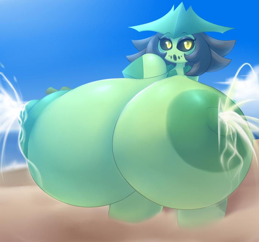 beach big_breasts black_hair black_sclera breast_expansion breasts cacturne elfdrago eyelashes flora_fauna hair huge_breasts hyper hyper_breasts lactating nintendo nipples nora plant pok&eacute;mon pok&eacute;morph seaside smile solo video_games water yellow_eyes