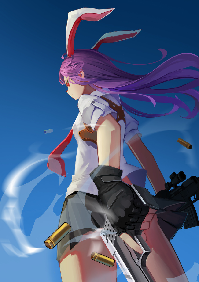 absurdres animal_ears black_gloves black_skirt bunny_ears closed_mouth dual_wielding extra_ears fps from_behind from_below gloves gun handgun highres holding holster long_hair machine_gun necktie pleated_skirt puffy_short_sleeves puffy_sleeves purple_hair red_eyes red_neckwear reisen_udongein_inaba shell_casing shirt shooting_gloves short_sleeves shoulder_holster skirt sky smoke solo standing thighs touhou trigger_discipline tsurime weapon white_shirt wind wind_lift