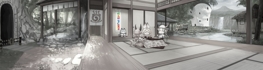 :d absurdres animal_ears architecture caracal_(kemono_friends) caracal_ears caracal_tail closed_eyes copyright_name east_asian_architecture eating hat hat_feather helmet highres japari_bus japari_symbol kemono_friends kotatsu lucky_beast_(kemono_friends) mirai_(kemono_friends) mountain multiple_girls murakami_hisashi muted_color onsen open_mouth pith_helmet sandstar serval_(kemono_friends) serval_ears sitting sliding_doors smile table tail tatami tokonoma tunnel water waterfall wooden_floor