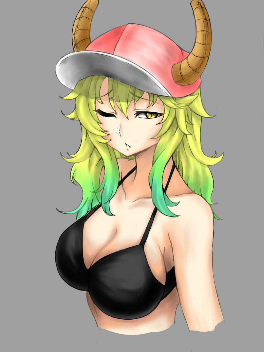 animal_humanoid big_breasts bikini blonde_hair breasts cleavage clothed clothing dragon dragon_humanoid female green_hair grey_background hair half-length_portrait hat horn humanoid miss_kobayashi's_dragon_maid one_eye_closed portrait quetzalcoatl_(dragon_maid) simple_background slit_pupils solo swimsuit 大触z君