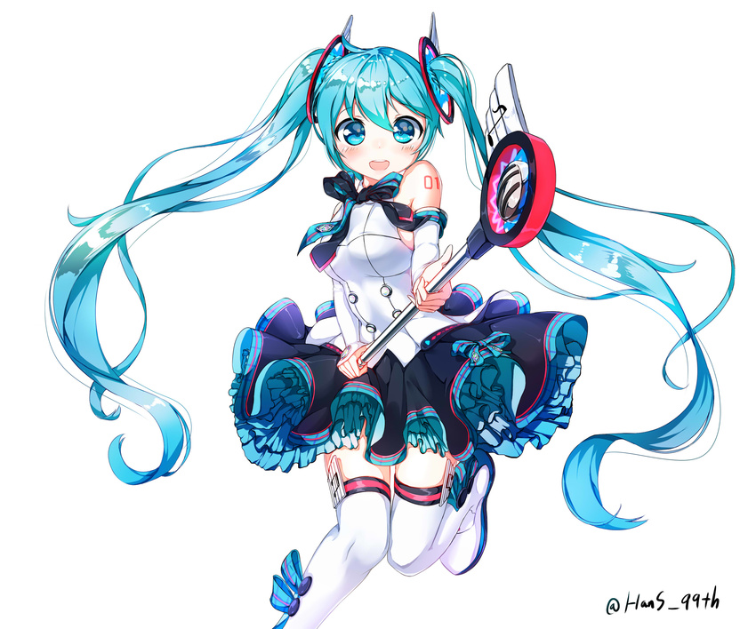 absurdres aqua_eyes aqua_hair beamed_eighth_notes boots bow bowtie detached_sleeves eighth_note hansal hatsune_miku highres long_hair looking_at_viewer magical_mirai_(vocaloid) musical_note open_mouth simple_background solo thigh_boots thighhighs twintails very_long_hair vocaloid white_background white_footwear white_legwear zettai_ryouiki