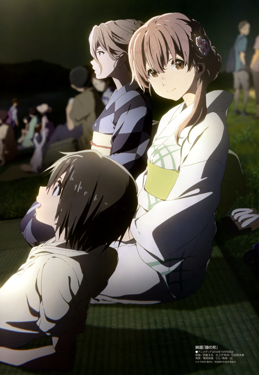 absurdres bangs black_hair blurry blurry_background brown_eyes brown_hair character_request closed_mouth dark festival flip-flops flower grass hair_flower hair_ornament highres japanese_clothes kimono koe_no_katachi long_sleeves looking_afar looking_at_viewer mother_and_daughter multiple_girls night nishimiya_shouko nishimiya_yae nishimiya_yuzuru nishiya_futoshi official_art open_mouth sandals scan short_hair siblings sisters sitting yukata