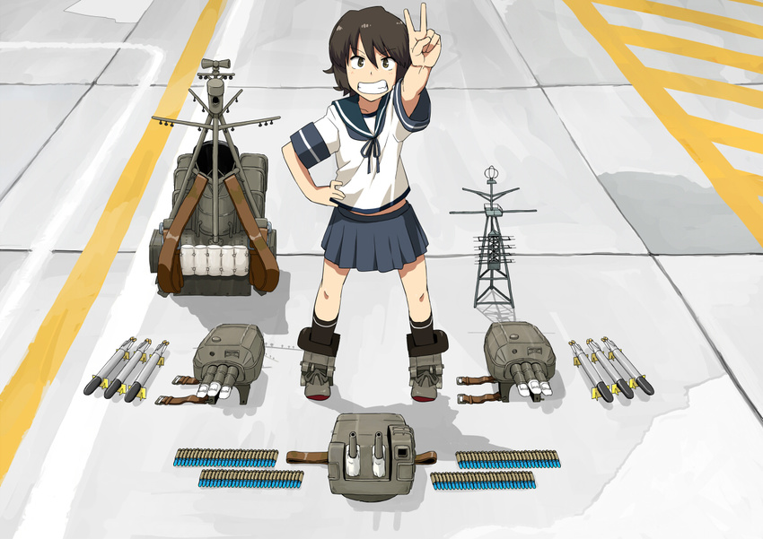 ammunition black_hair blue_skirt brown_eyes commentary_request from_above hair_between_eyes hand_on_hip kantai_collection knolling kozou_(rifa) looking_at_viewer looking_up machinery midriff miyuki_(kantai_collection) open_mouth school_uniform serafuku short_hair short_sleeves skirt smile smokestack solo standing teeth torpedo turret v