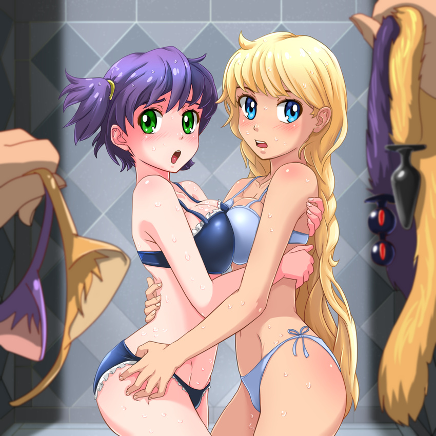 anal_beads anal_tail animal_ears bare_shoulders blonde_hair blue_bra blue_eyes blue_panties bra braid breast_press breasts butt_plug cat_ears cat_tail commentary cowboy_shot everlasting_summer fake_animal_ears fake_tail green_eyes hand_on_another's_back highres hug huyase large_breasts long_hair looking_at_viewer multiple_girls open_mouth original out_of_frame panties pov pov_hands purple_hair short_hair side-tie_panties slavya-chan sweat symmetrical_docking tail two_side_up underwear underwear_only unyl-chan very_long_hair white_bra white_panties