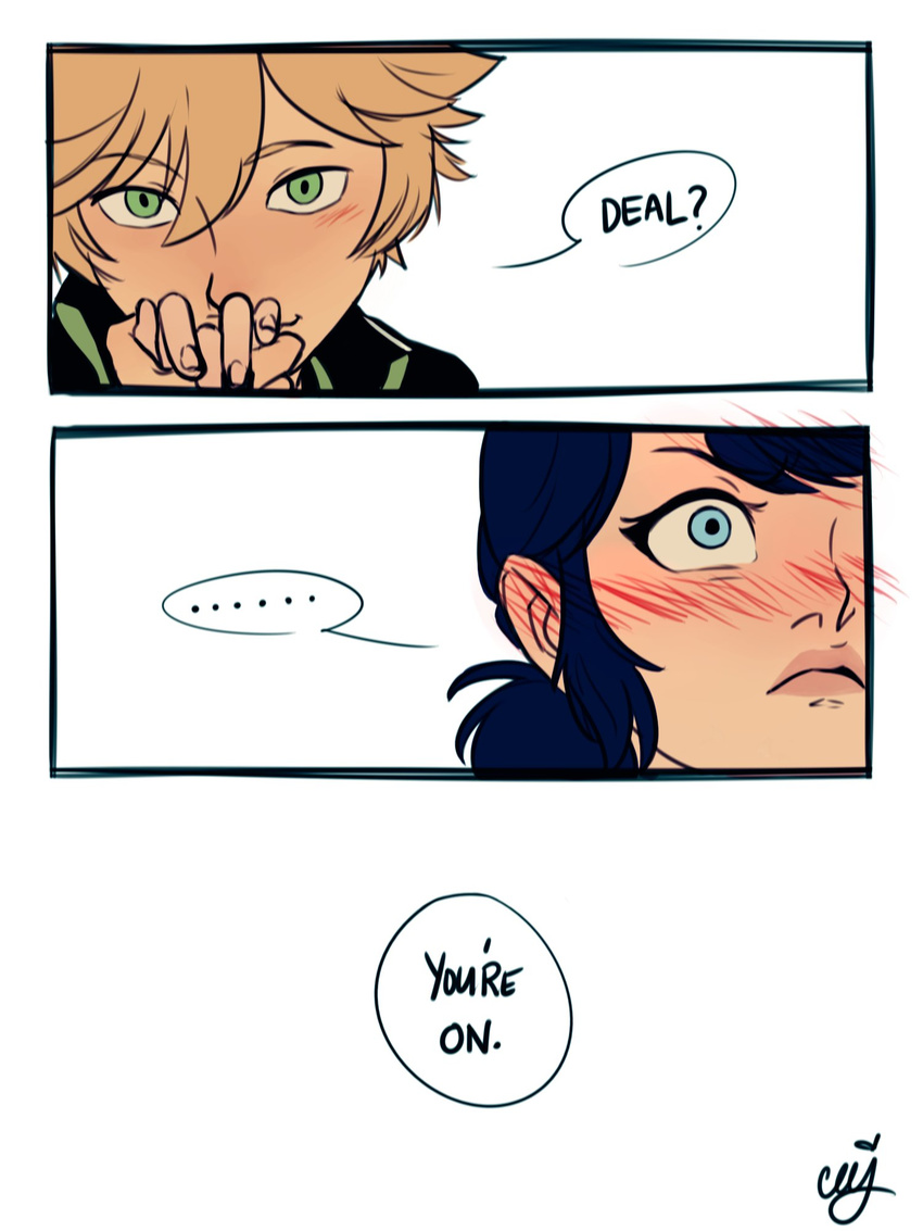 1girl adrien_agreste blonde_hair blue_eyes blue_hair blush ceejles comic english frown green_eyes highres holding_hand lips marinette_dupain-cheng miraculous_ladybug signature smile twintails