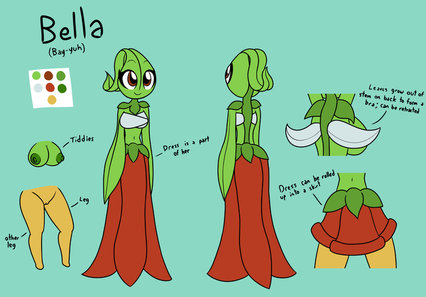 2017 anthro bella_(screwroot) breasts brown_eyes butt clothed clothing copihue digital_media_(artwork) dress english_text eyewear female flora_fauna flower leaf low_res model_sheet nipples not_furry petal_dress plant pussy red_nipples screwroot simple_background smile solo standing text