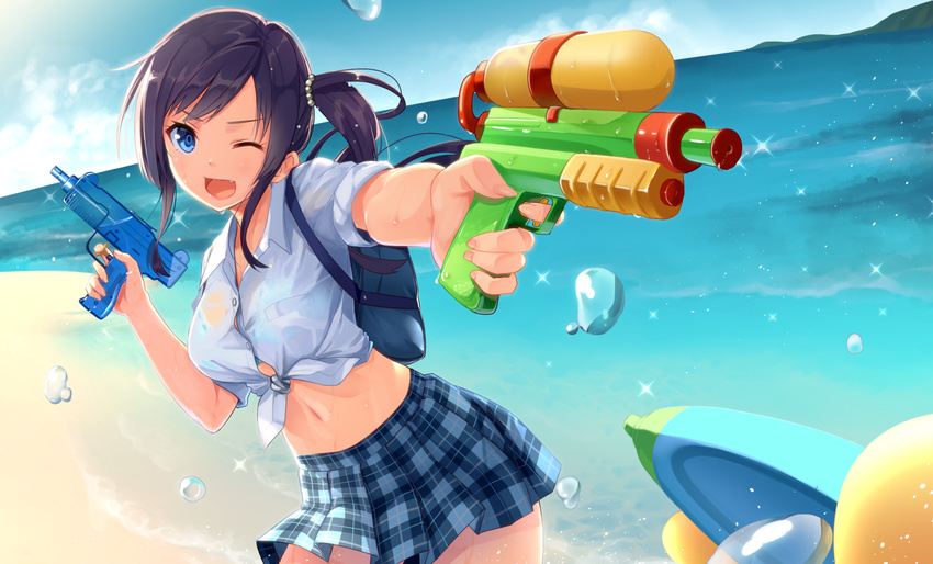 ;d aiming_at_viewer backpack bag bangs beach black_hair blue_bra blue_eyes blue_skirt blue_sky bra breast_pocket breasts cloud collarbone collared_shirt cowboy_shot day dress_shirt dual_wielding fang finger_on_trigger hand_up highres holding horizon island long_hair looking_at_viewer medium_breasts meso-meso midriff miniskirt navel ocean one_eye_closed open_mouth original outdoors outstretched_arm plaid plaid_skirt playing pleated_skirt pocket sand school_bag see-through shirt side_ponytail skirt sky sleeves_rolled_up smile solo sparkle standing stomach sunlight swept_bangs tied_shirt underwear v-shaped_eyebrows water water_drop water_gun wet wet_clothes white_shirt